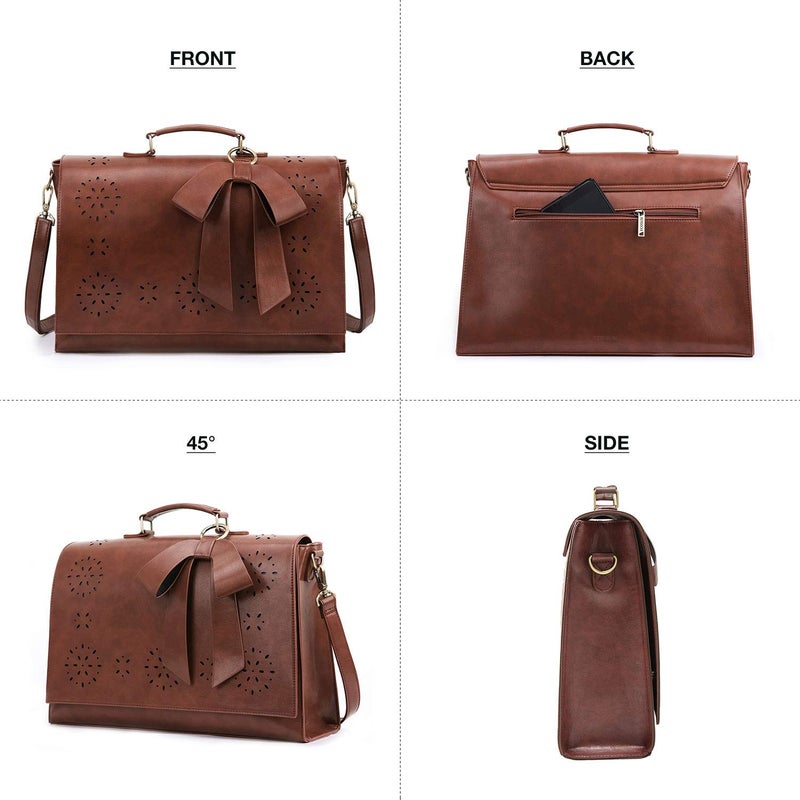 ECOSUSI Women's Briefcase Vegan Leather 15.6 inch Laptop Bag for Work Computer Shoulder Satchel Bag with Detachable Bow, Coffee - Image 4